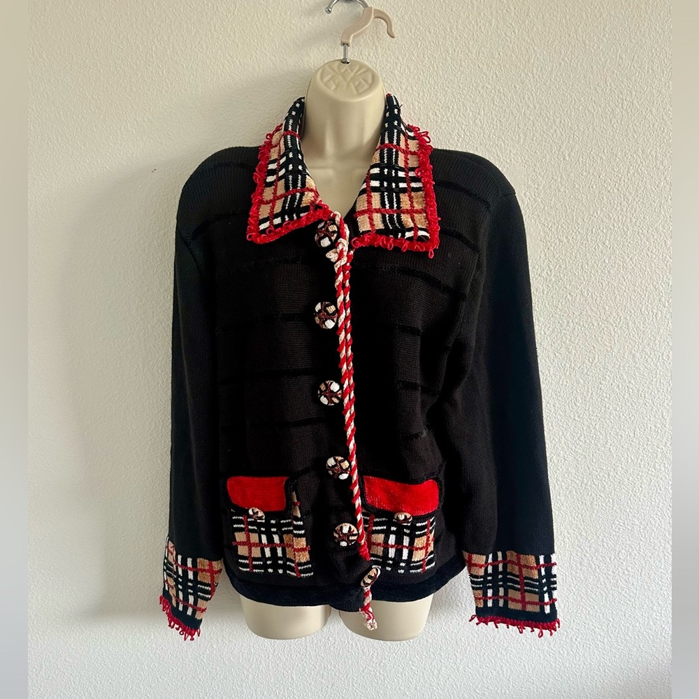 Jack B Quick XL Novelty Vintage Beaded Cardigan Sweater Tartan Peter Pan‎ Collar